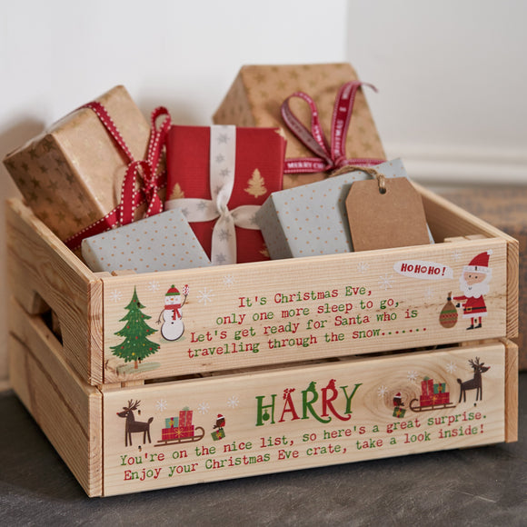 La de da Living Personalised Christmas Eve Wooden Crate Box Crates, Christmas Eve box fillers, wooden personalised Christmas eve box