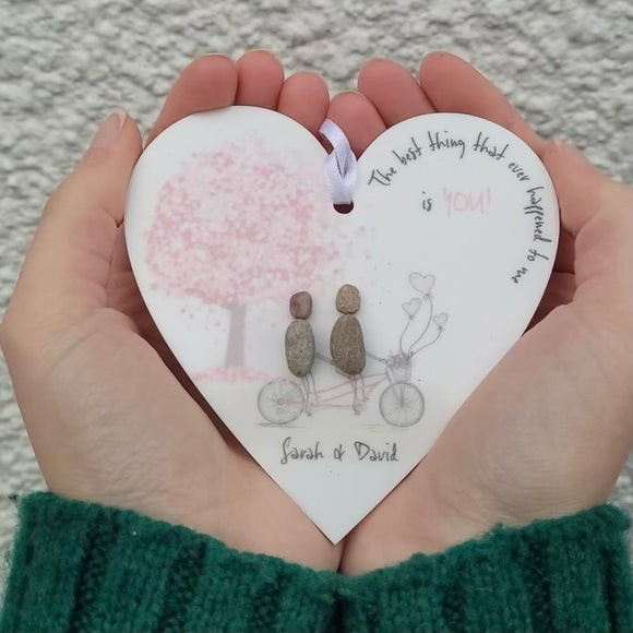 Personalised Love Bicycle Pebble Hanging Heart